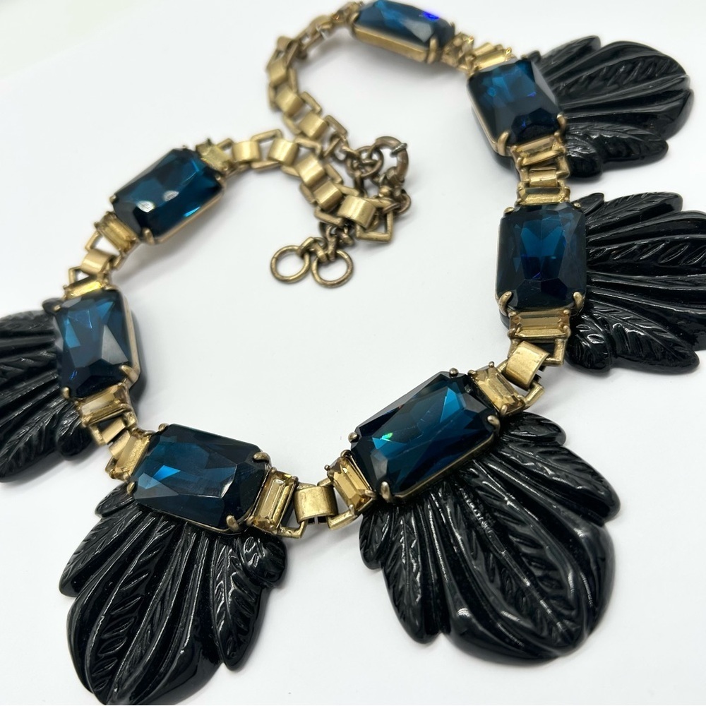 J. Crew Blue Crystal Black Resin Gold Necklace